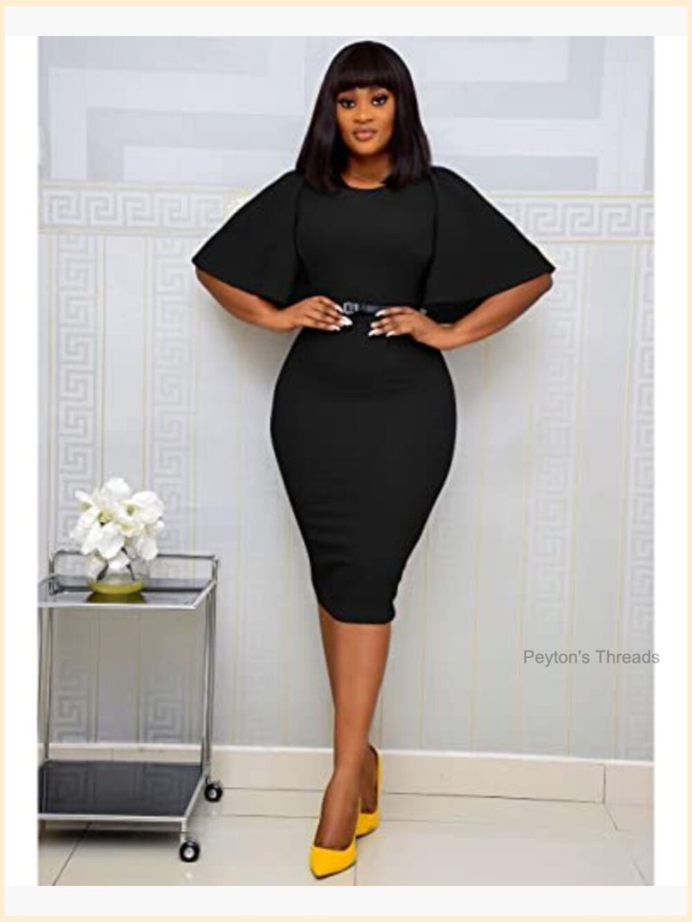Women's Bodycon Ruffle Flared Short Sleeve Pencil Midi Dress - Picture 7 of 7
